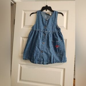 Vintage 90s Denim Button-Front Toddler Dress with Pocket Embroidery - Blue